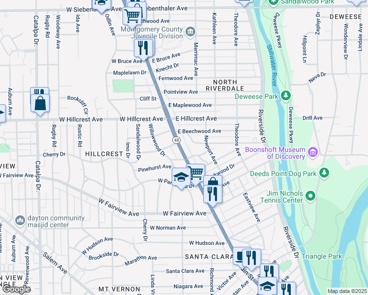 map of restaurants, bars, coffee shops, grocery stores, and more near 2652 North Main Street in Dayton
