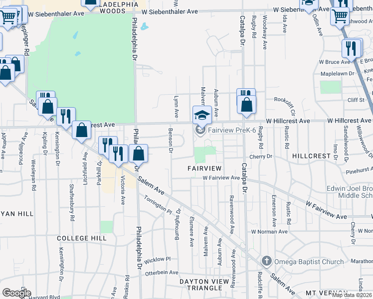 map of restaurants, bars, coffee shops, grocery stores, and more near 1249 Brentwood Drive in Dayton