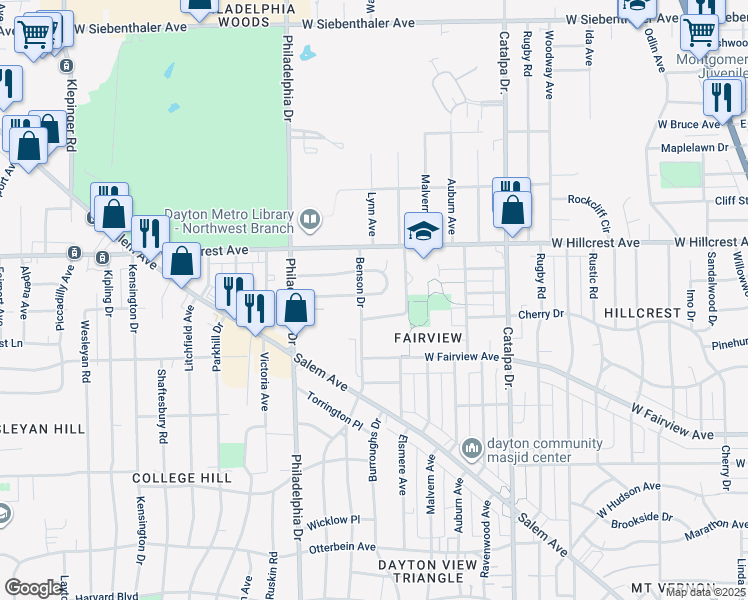 map of restaurants, bars, coffee shops, grocery stores, and more near 1249 Brentwood Drive in Dayton