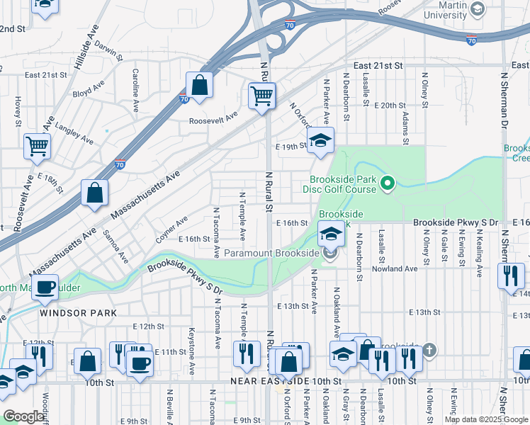 map of restaurants, bars, coffee shops, grocery stores, and more near 1603 North Rural Street in Indianapolis