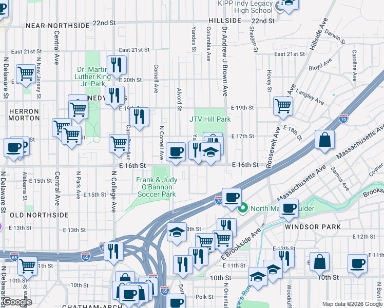 map of restaurants, bars, coffee shops, grocery stores, and more near 1617 Yandes Street in Indianapolis