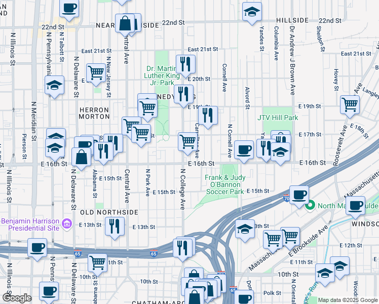 map of restaurants, bars, coffee shops, grocery stores, and more near 1615 Carrollton Avenue in Indianapolis
