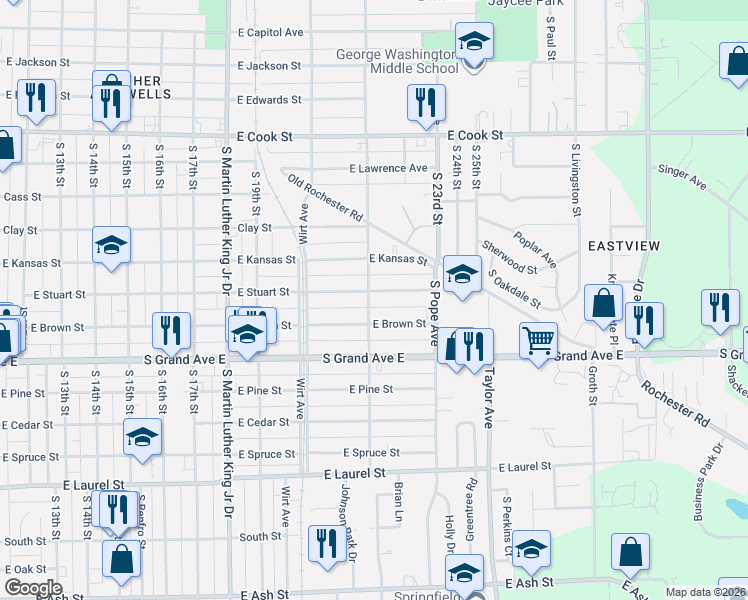 map of restaurants, bars, coffee shops, grocery stores, and more near 1201 South Wheeler Avenue in Springfield