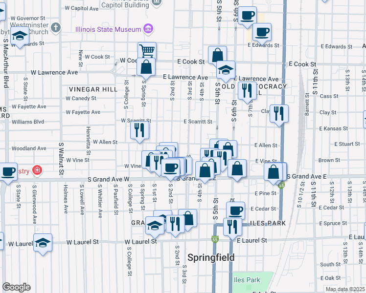 map of restaurants, bars, coffee shops, grocery stores, and more near 1100-1198 South 3rd Street in Springfield