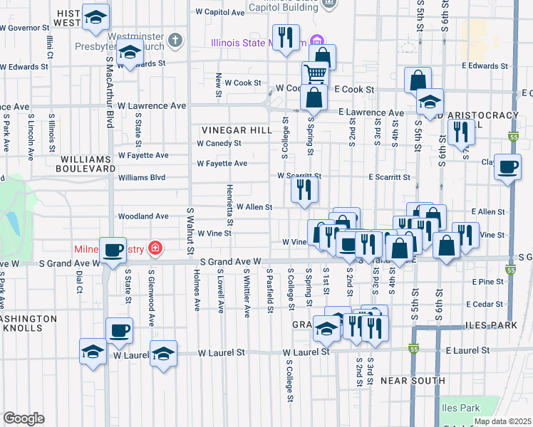 map of restaurants, bars, coffee shops, grocery stores, and more near 308 West Allen Street in Springfield
