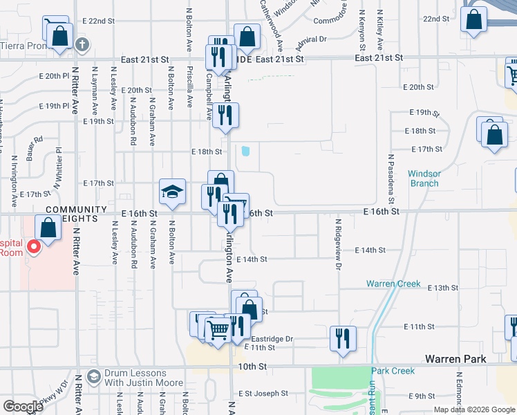 map of restaurants, bars, coffee shops, grocery stores, and more near 6056 East 16th Street in Indianapolis