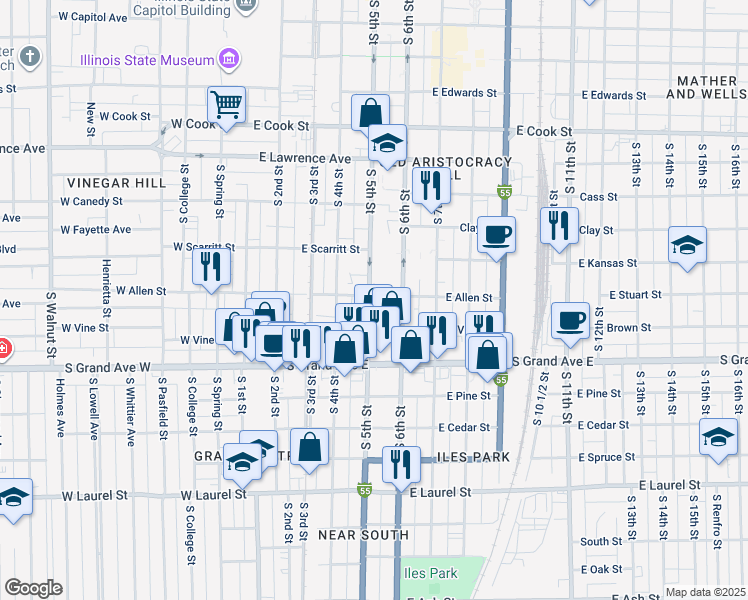 map of restaurants, bars, coffee shops, grocery stores, and more near 510 East Allen Street in Springfield