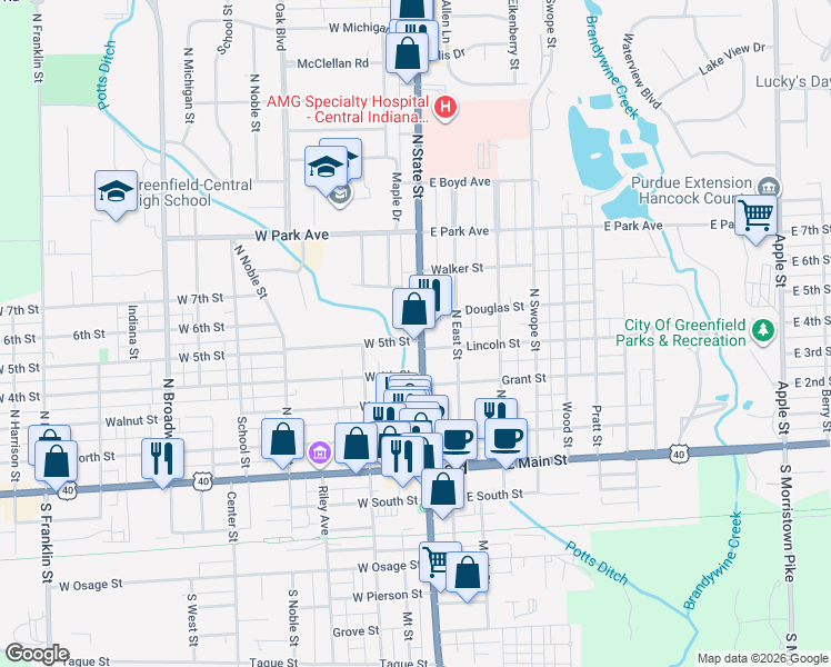 map of restaurants, bars, coffee shops, grocery stores, and more near 15 West 5th Street in Greenfield
