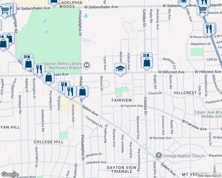 map of restaurants, bars, coffee shops, grocery stores, and more near 1249 Brentwood Drive in Dayton