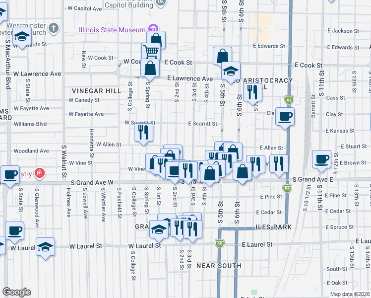 map of restaurants, bars, coffee shops, grocery stores, and more near 1114 South 2nd Street in Springfield