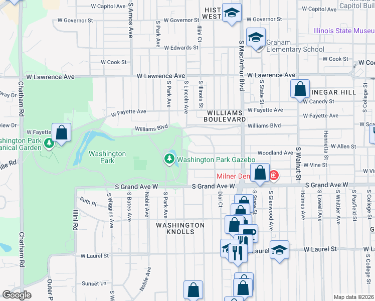 map of restaurants, bars, coffee shops, grocery stores, and more near 1198 Woodland Ave in Springfield