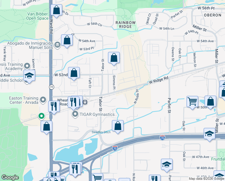 map of restaurants, bars, coffee shops, grocery stores, and more near 5075 Simms Place in Wheat Ridge