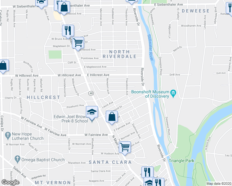 map of restaurants, bars, coffee shops, grocery stores, and more near 124 Basswood Avenue in Dayton