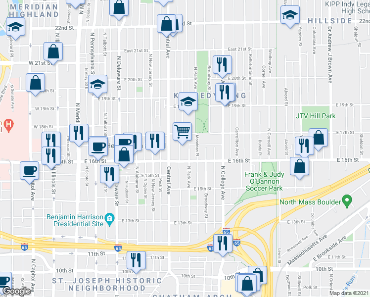 map of restaurants, bars, coffee shops, grocery stores, and more near 524 East 16th Street in Indianapolis