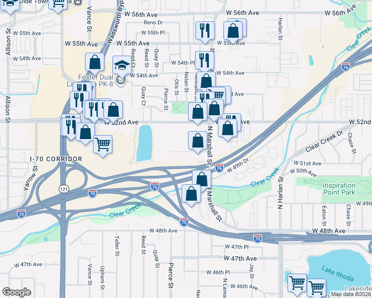 map of restaurants, bars, coffee shops, grocery stores, and more near 6681 West 51st Avenue in Arvada