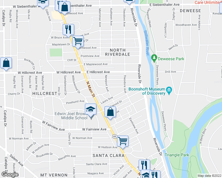 map of restaurants, bars, coffee shops, grocery stores, and more near 110 Basswood Avenue in Dayton