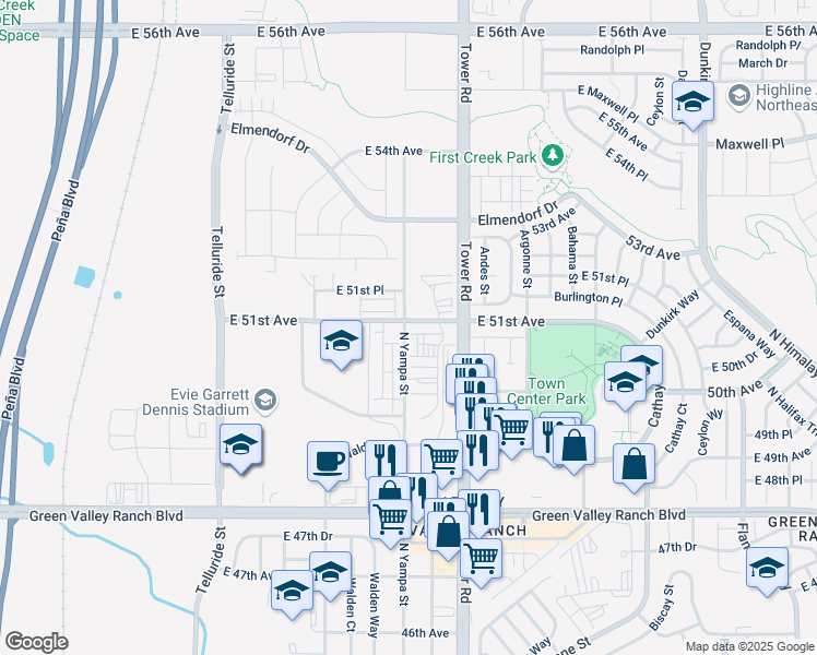 map of restaurants, bars, coffee shops, grocery stores, and more near 4959-5081 Tower Road in Denver