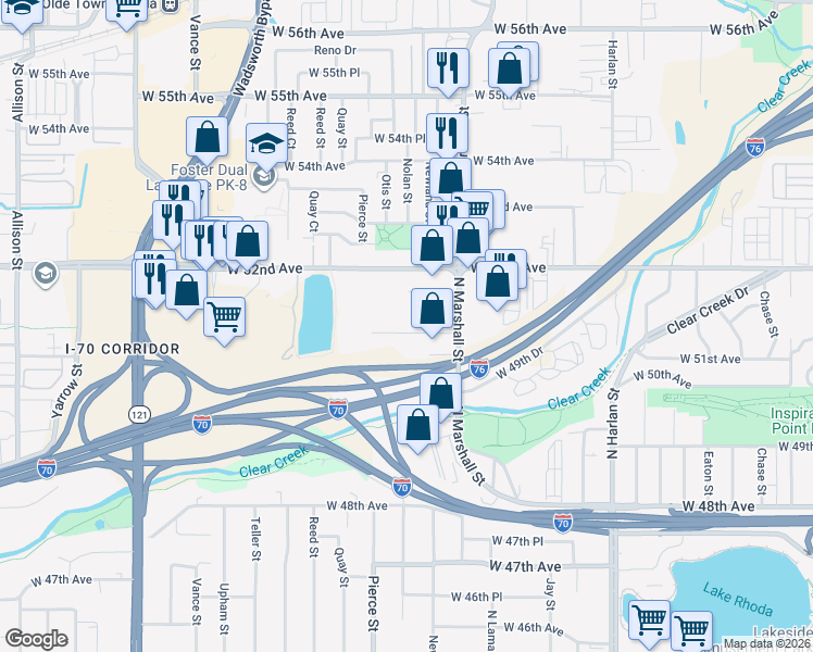 map of restaurants, bars, coffee shops, grocery stores, and more near 6681 West 51st Avenue in Arvada