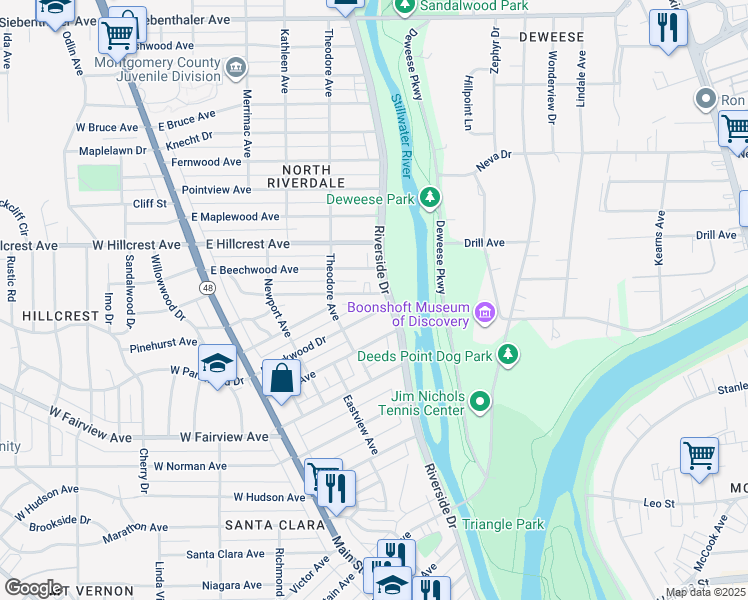 map of restaurants, bars, coffee shops, grocery stores, and more near 231 East Parkwood Drive in Dayton