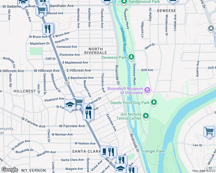 map of restaurants, bars, coffee shops, grocery stores, and more near 231 East Parkwood Drive in Dayton