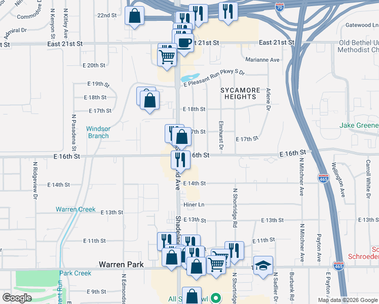 map of restaurants, bars, coffee shops, grocery stores, and more near 1525 Shadeland Avenue in Indianapolis
