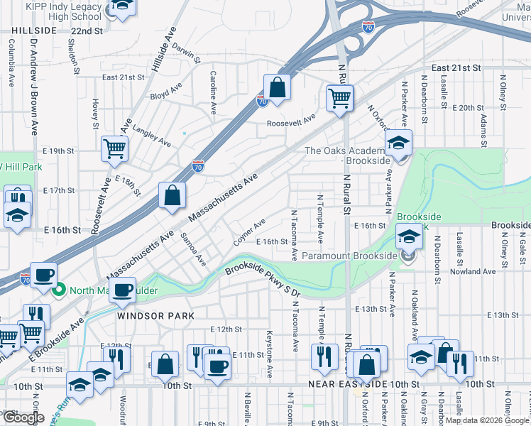 map of restaurants, bars, coffee shops, grocery stores, and more near 2411 Coyner Avenue in Indianapolis