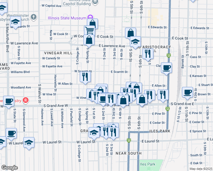 map of restaurants, bars, coffee shops, grocery stores, and more near 1114 South 2nd Street in Springfield