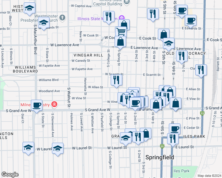 map of restaurants, bars, coffee shops, grocery stores, and more near 1121 South Spring Street in Springfield
