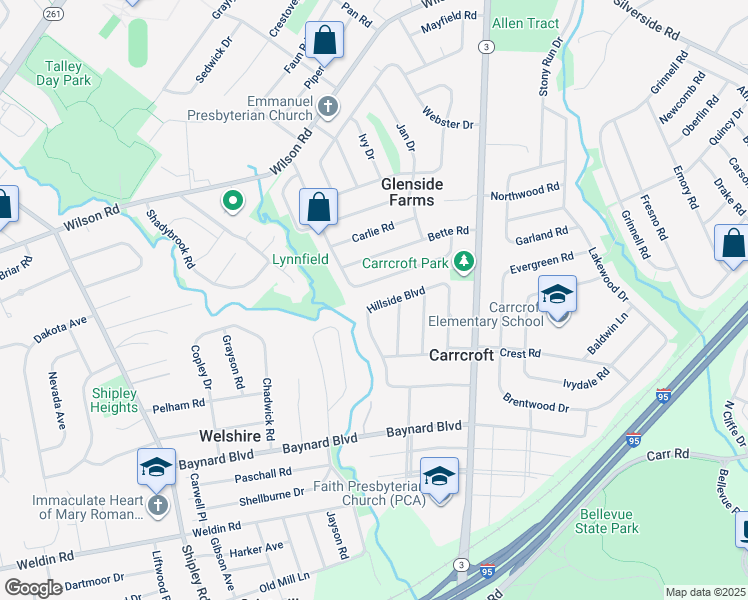 map of restaurants, bars, coffee shops, grocery stores, and more near 1300 Hillside Boulevard in Wilmington