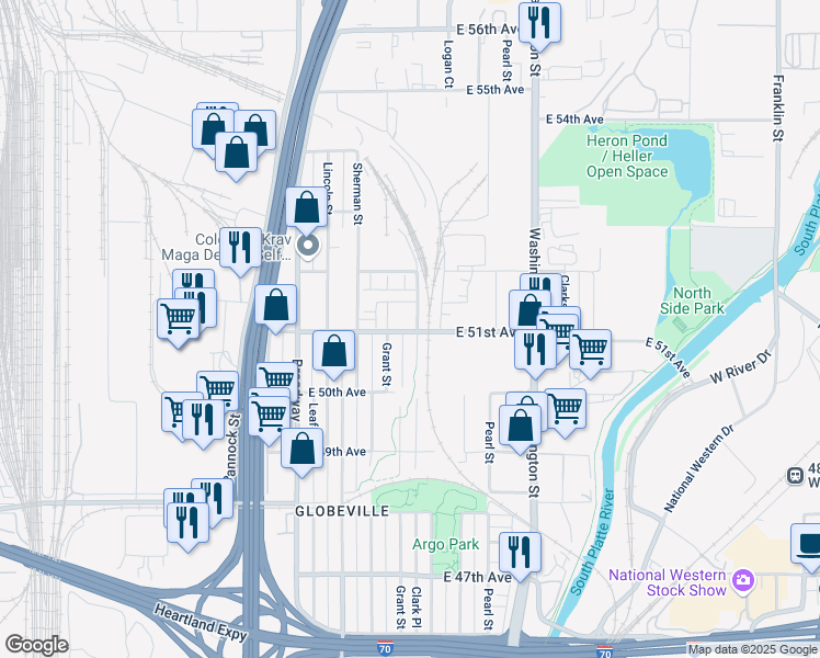 map of restaurants, bars, coffee shops, grocery stores, and more near 351 East 51st Avenue in Denver
