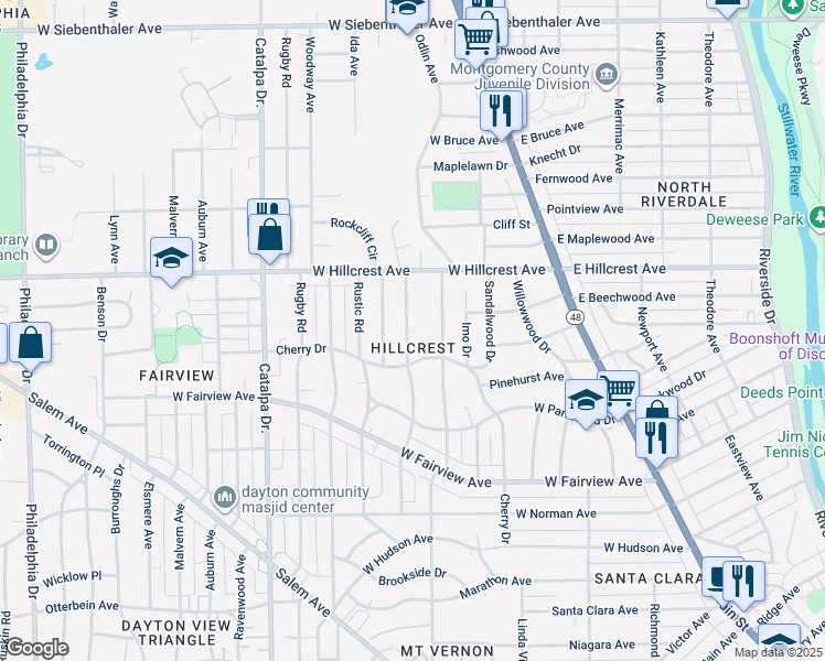 map of restaurants, bars, coffee shops, grocery stores, and more near 2330 Mayfair Road in Dayton