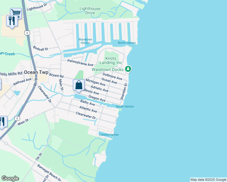 map of restaurants, bars, coffee shops, grocery stores, and more near 109 Adriatic Avenue in Ocean Township