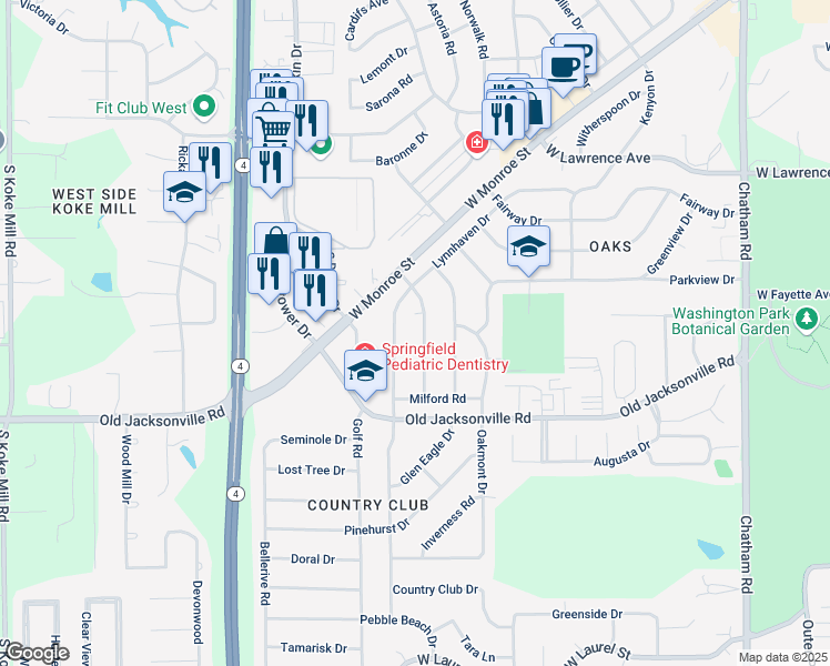 map of restaurants, bars, coffee shops, grocery stores, and more near 1209 Larchmont Dr in Springfield