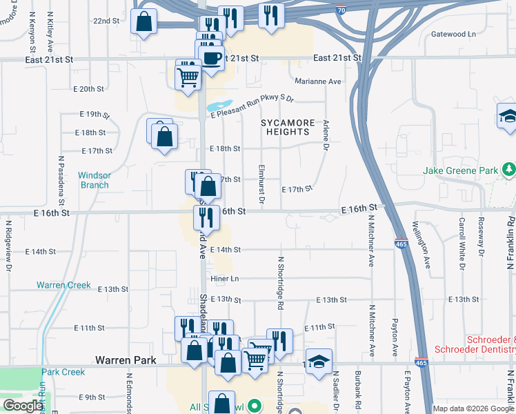 map of restaurants, bars, coffee shops, grocery stores, and more near 1604 Elmhurst Drive in Indianapolis