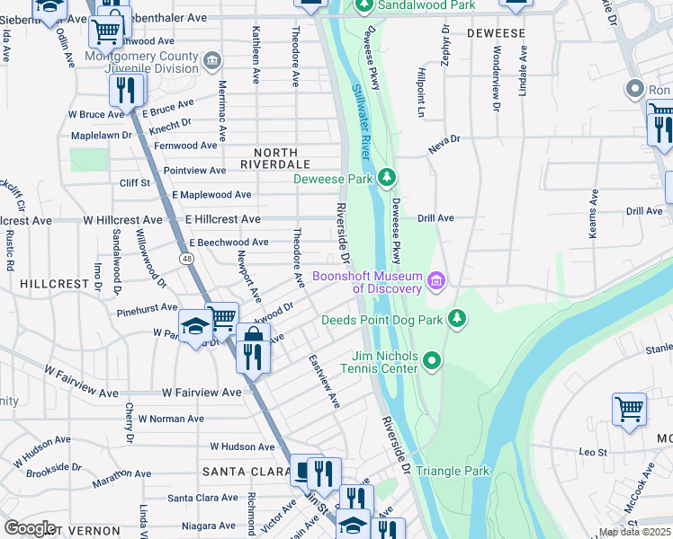map of restaurants, bars, coffee shops, grocery stores, and more near 231 East Parkwood Drive in Dayton