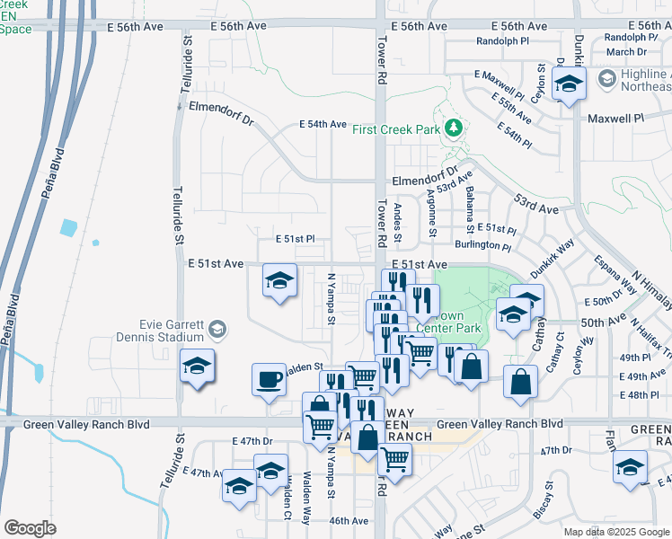 map of restaurants, bars, coffee shops, grocery stores, and more near 18300 East 51st Avenue in Denver