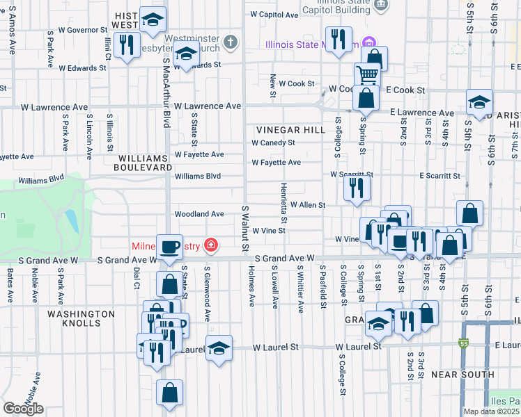 map of restaurants, bars, coffee shops, grocery stores, and more near 528 West Allen Street in Springfield