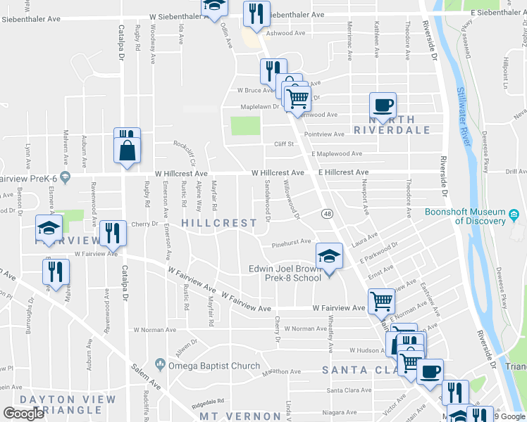 map of restaurants, bars, coffee shops, grocery stores, and more near 315 Sandalwood Drive in Dayton