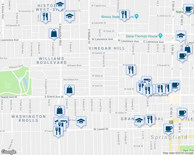 map of restaurants, bars, coffee shops, grocery stores, and more near 516 West Allen Street in Springfield