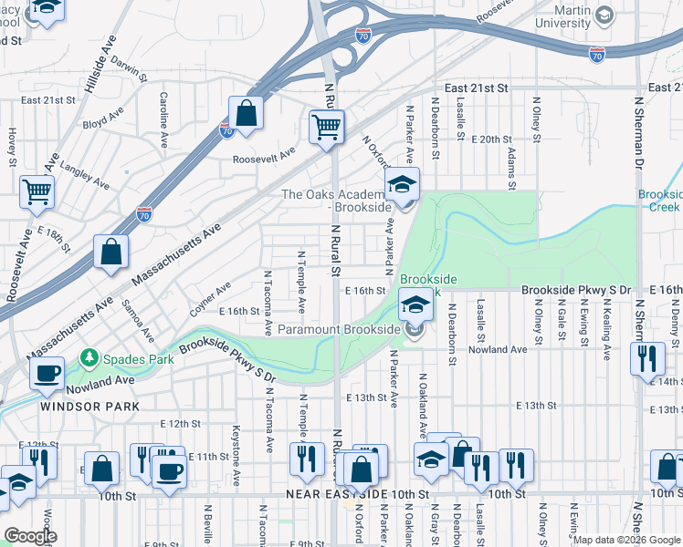 map of restaurants, bars, coffee shops, grocery stores, and more near 1603 North Rural Street in Indianapolis
