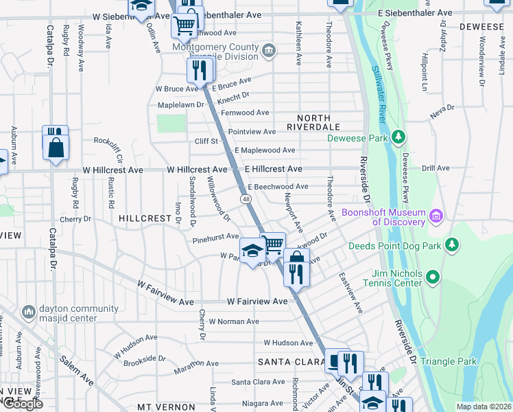 map of restaurants, bars, coffee shops, grocery stores, and more near 2652 North Main Street in Dayton