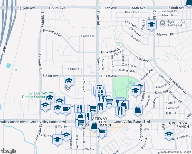 map of restaurants, bars, coffee shops, grocery stores, and more near 5002 Tower Road in Denver
