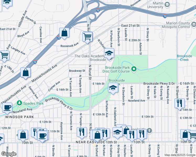 map of restaurants, bars, coffee shops, grocery stores, and more near 2846 East 16th Street in Indianapolis