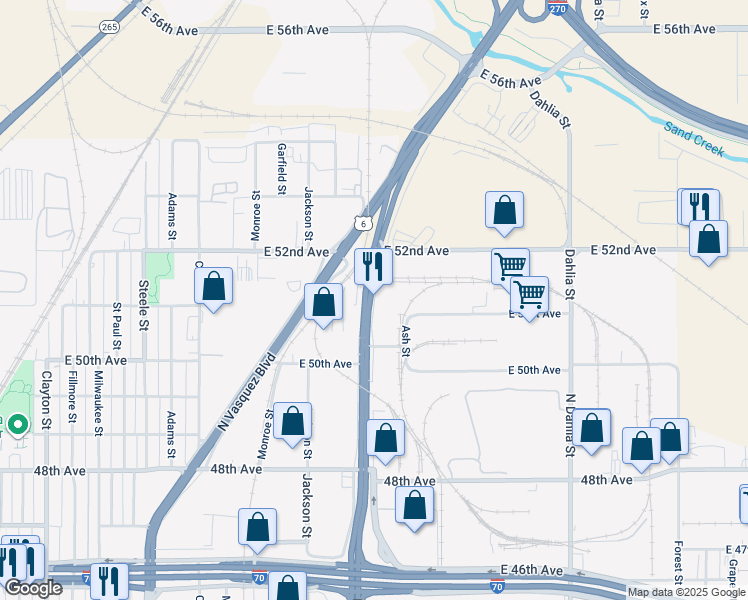 map of restaurants, bars, coffee shops, grocery stores, and more near North Colorado Boulevard in Denver