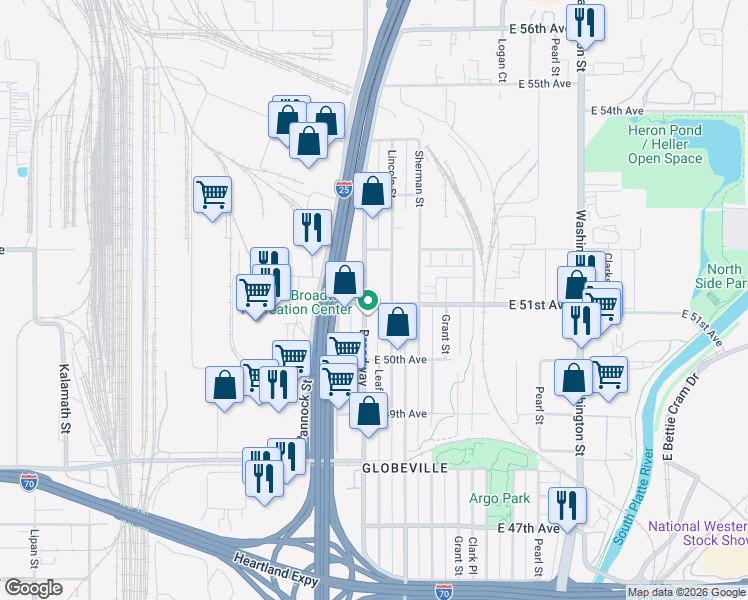 map of restaurants, bars, coffee shops, grocery stores, and more near 5085 Lincoln Street in Denver