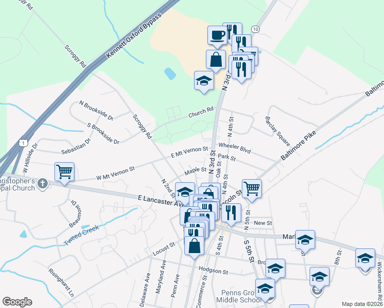 map of restaurants, bars, coffee shops, grocery stores, and more near 251 Hickory Street in Oxford