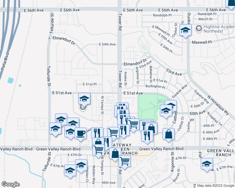 map of restaurants, bars, coffee shops, grocery stores, and more near 5002 Tower Road in Denver