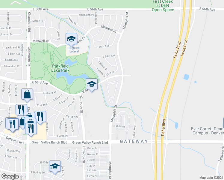 map of restaurants, bars, coffee shops, grocery stores, and more near 5255 Memphis Street in Denver