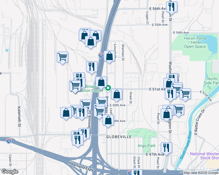 map of restaurants, bars, coffee shops, grocery stores, and more near 5085 Lincoln Street in Denver