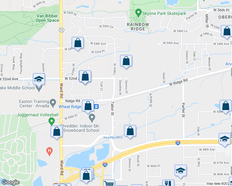 map of restaurants, bars, coffee shops, grocery stores, and more near 5100 Tabor Street in Wheat Ridge